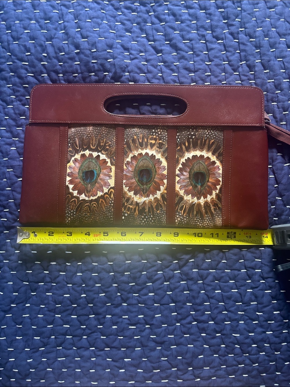 Unique Peacock Feather Panel Clutch - Brown